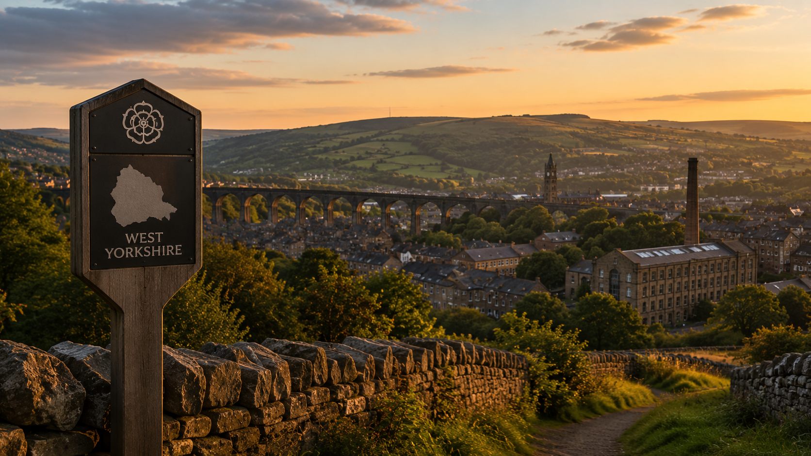 West Yorkshire valley at sunset with a stone viaduct and a carved West Yorkshire signpost