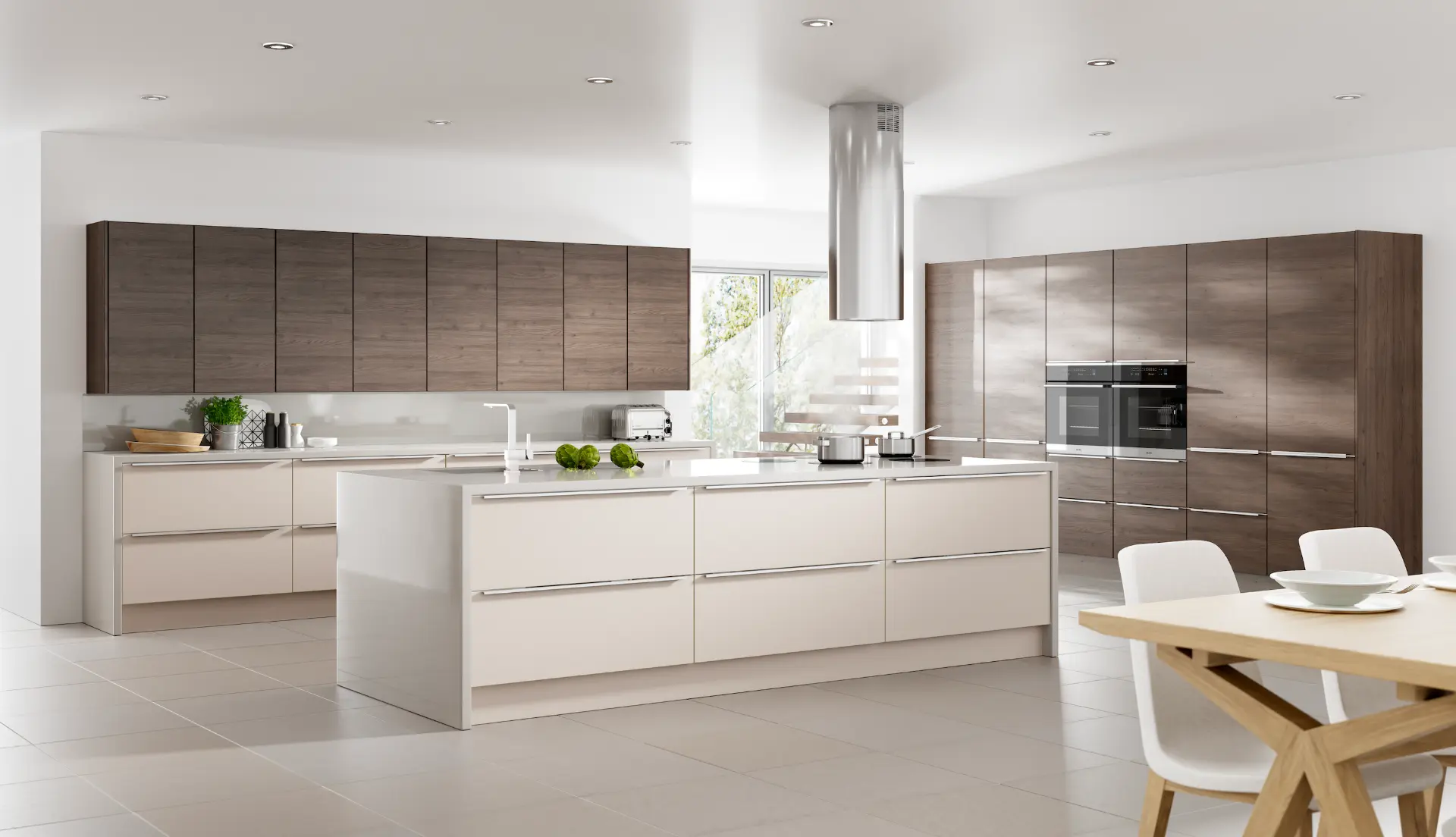 Walnut and cashmere handleless kitchen fitted for a West Yorkshire homeowner