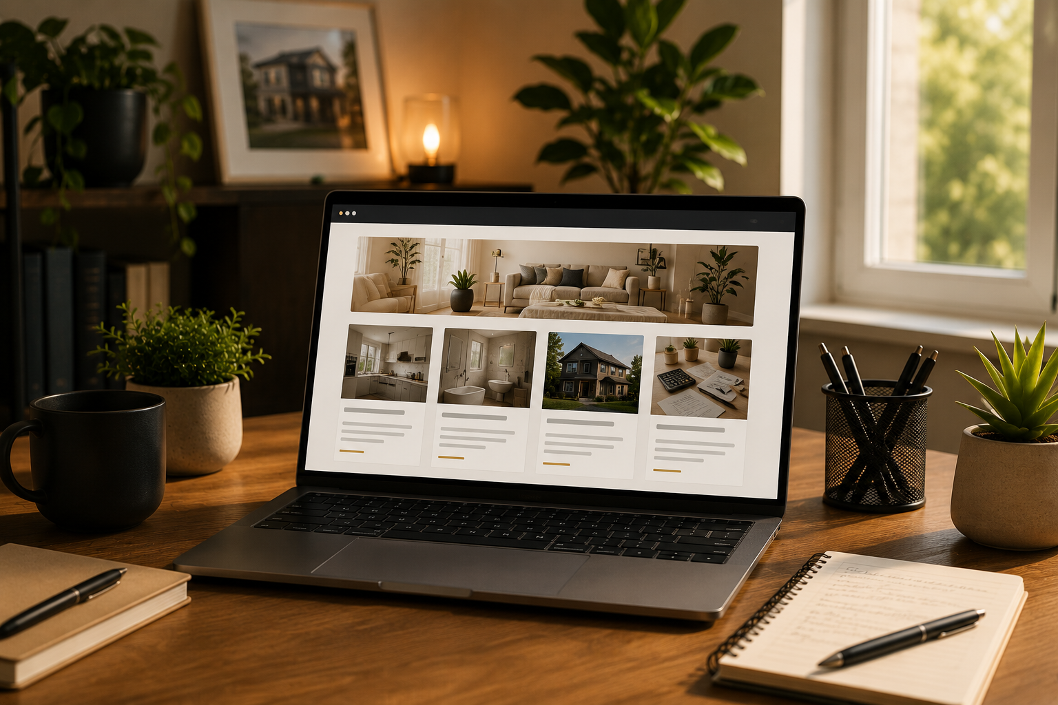 Laptop on a warm wooden desk showing a home improvement advice hub of kitchen, bathroom and renovation guides