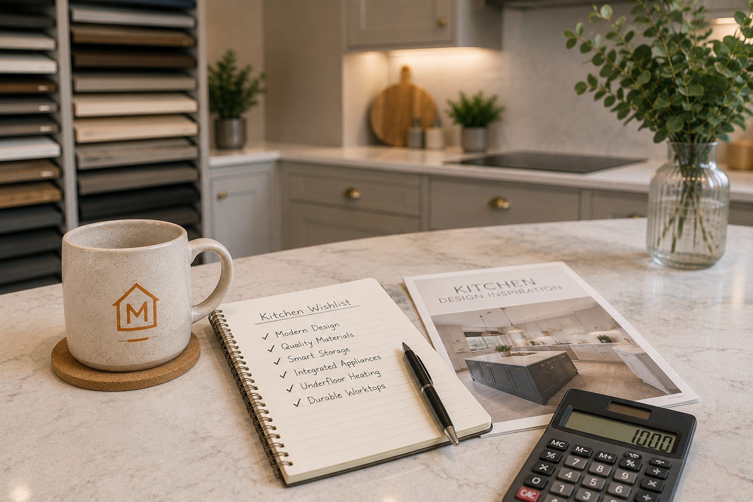 Kitchen wishlist notebook, calculator, design brochure and branded mug on a marble island in a grey shaker kitchen