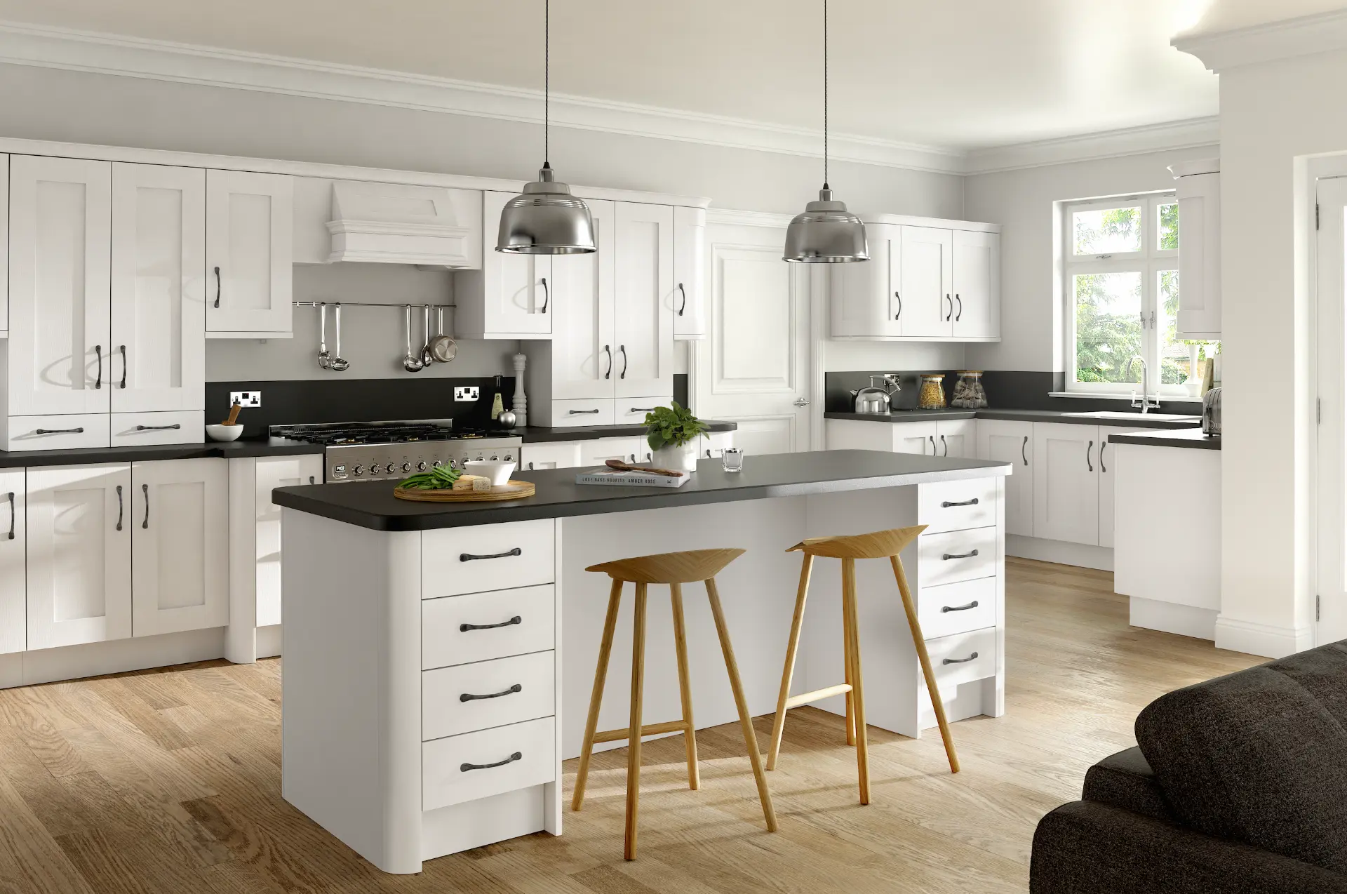 White shaker kitchen with black worktops installed by Maintain Home Solutions in Bradford