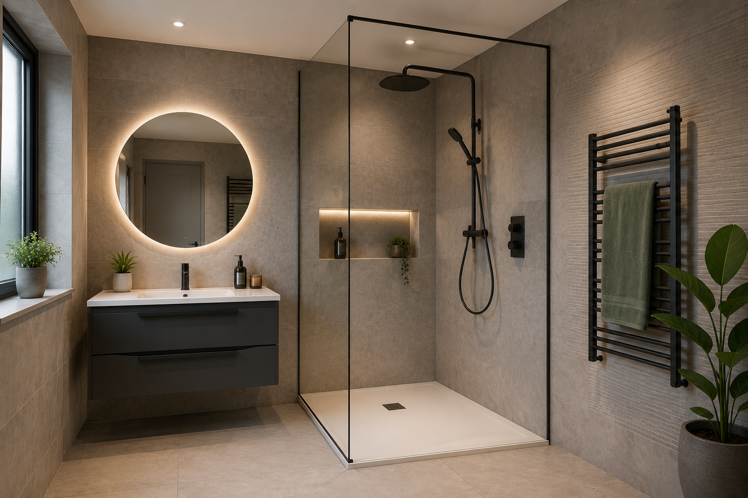 Modern renovated bathroom in Leeds with a walk-in shower, backlit round mirror and wall-hung vanity unit