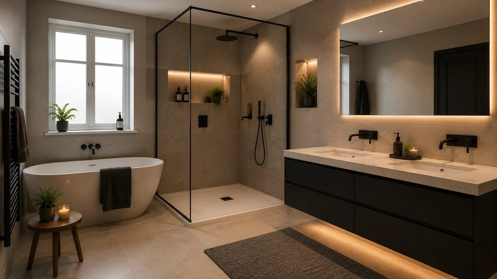 Contemporary bathroom renovation in Bradford with a freestanding bath, walk-in shower and twin basins