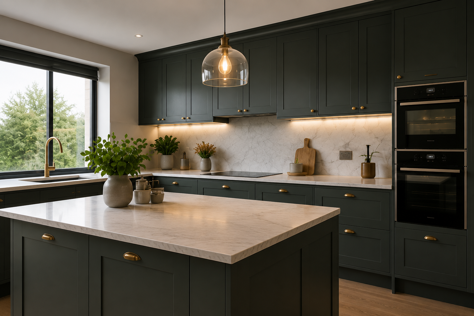 New fitted kitchen with dark green shaker cabinets, brass handles and a marble-topped island