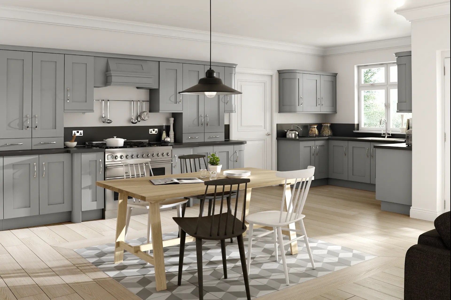 Classic grey shaker kitchen with a range cooker and oak dining table