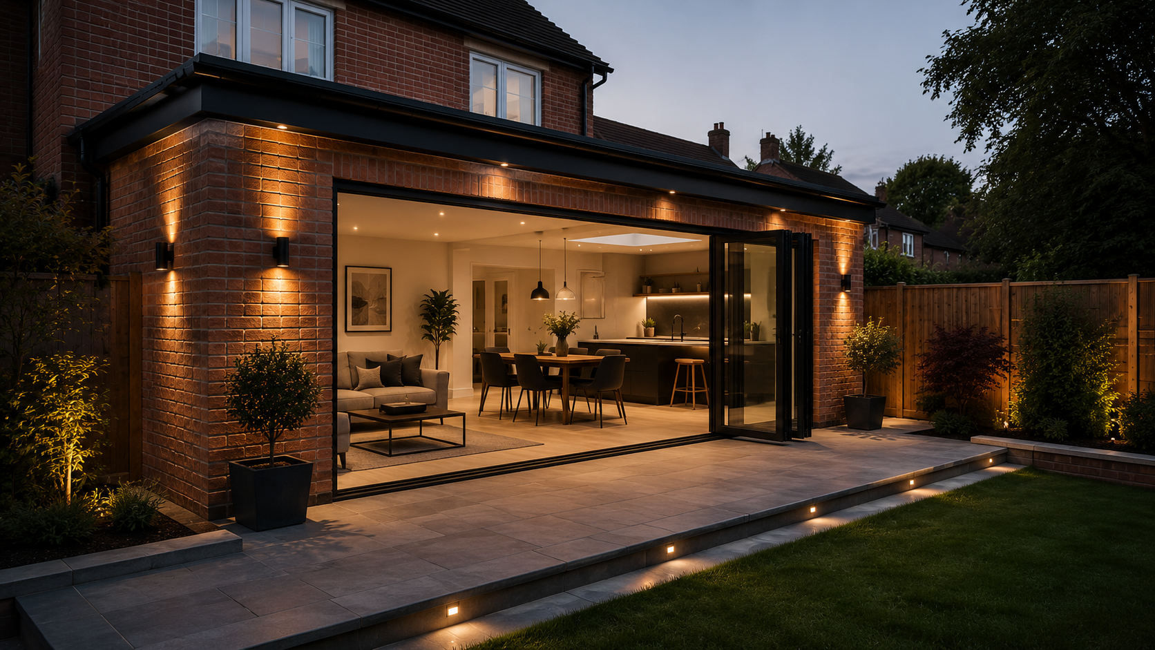 Modern brick extension at twilight with bifold doors, a home improvement project financed through Maintain Home Solutions