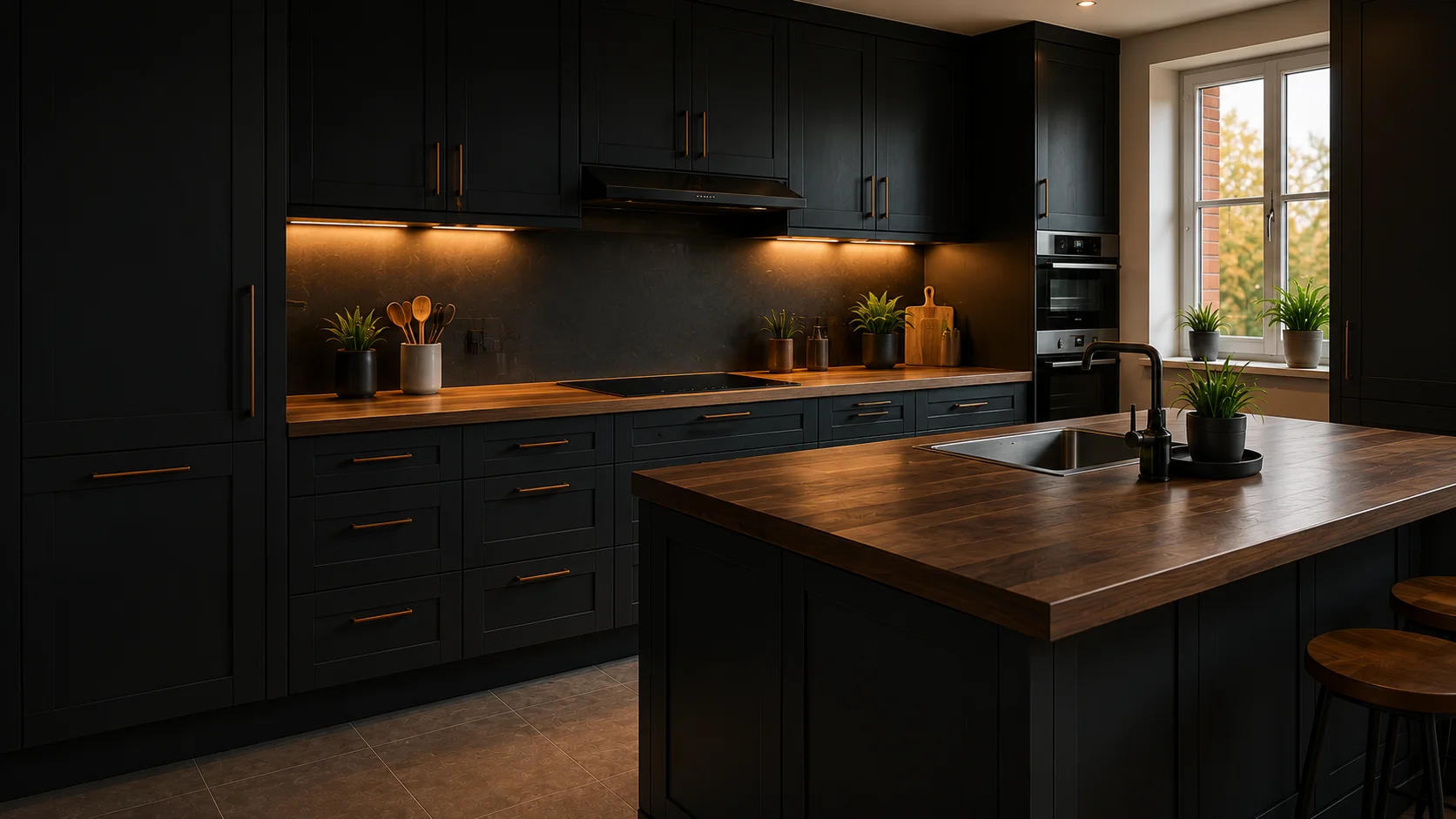 New fitted kitchen in Leeds with matt black shaker cabinetry, copper handles and a walnut island worktop