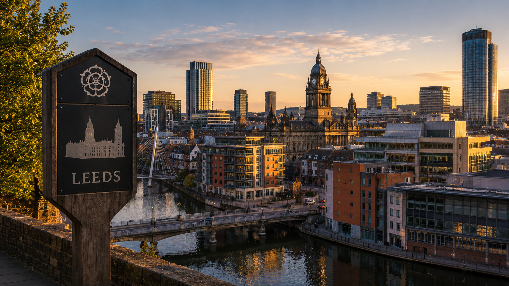 Leeds waterfront and city skyline at golden hour with a Leeds signpost
