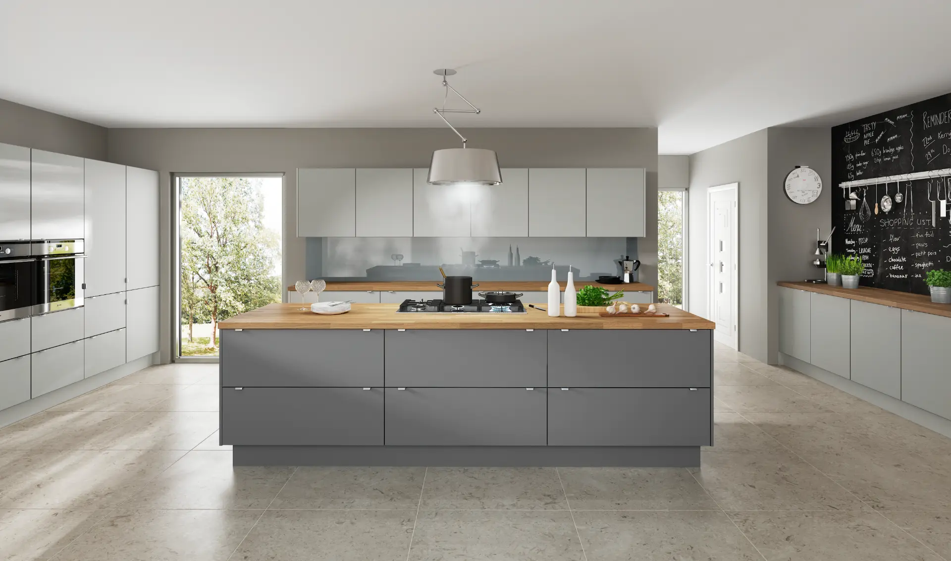 New fitted kitchen in Bradford with light grey handleless units and a large oak-topped island