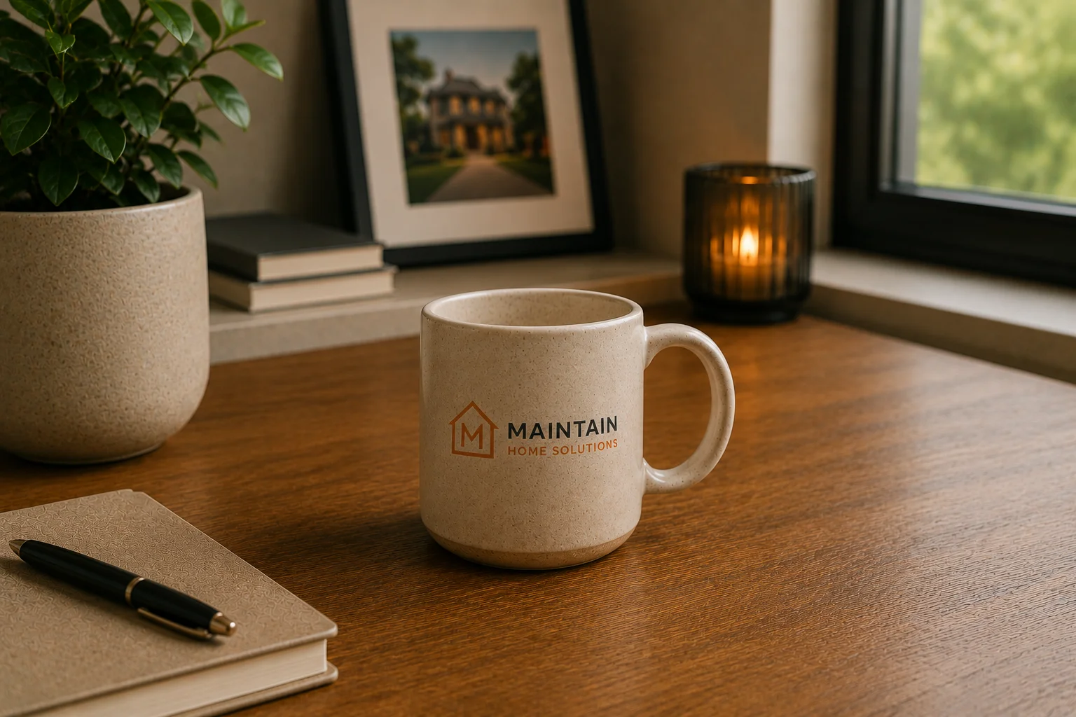 Branded Maintain Home Solutions mug on a wooden desk with a notebook and pen beside a window