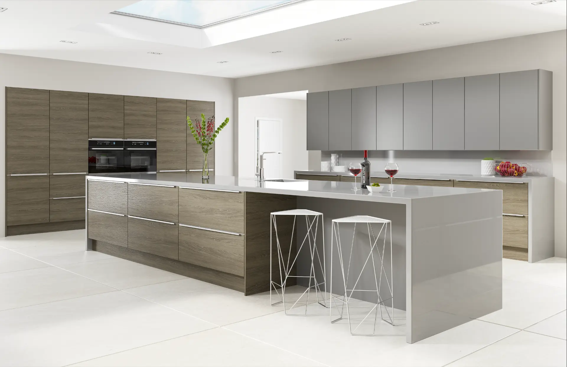 Grey and oak handleless kitchen in Bradford fitted with home improvement finance from Maintain Home Solutions