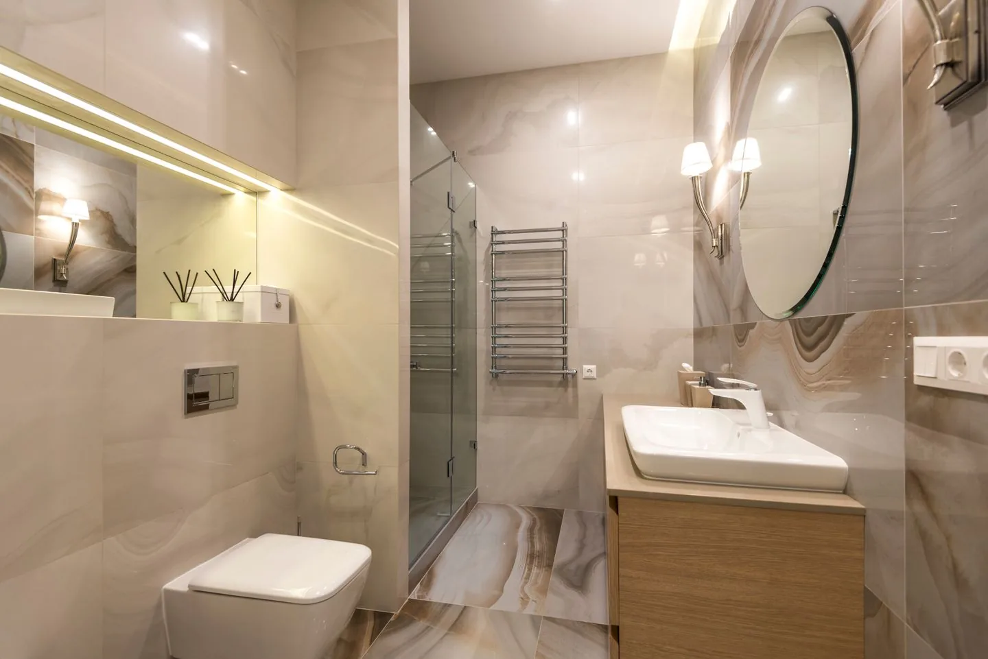 Contemporary bathroom renovation in West Yorkshire with a freestanding bath and walk-in shower