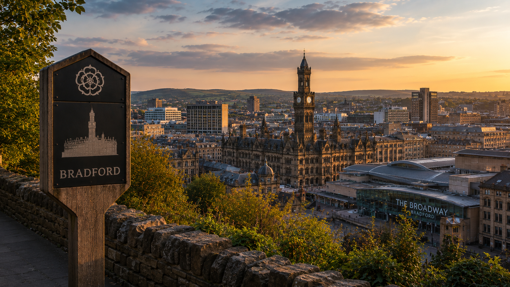 Bradford city skyline and town hall clock tower at sunset with a Bradford signpost